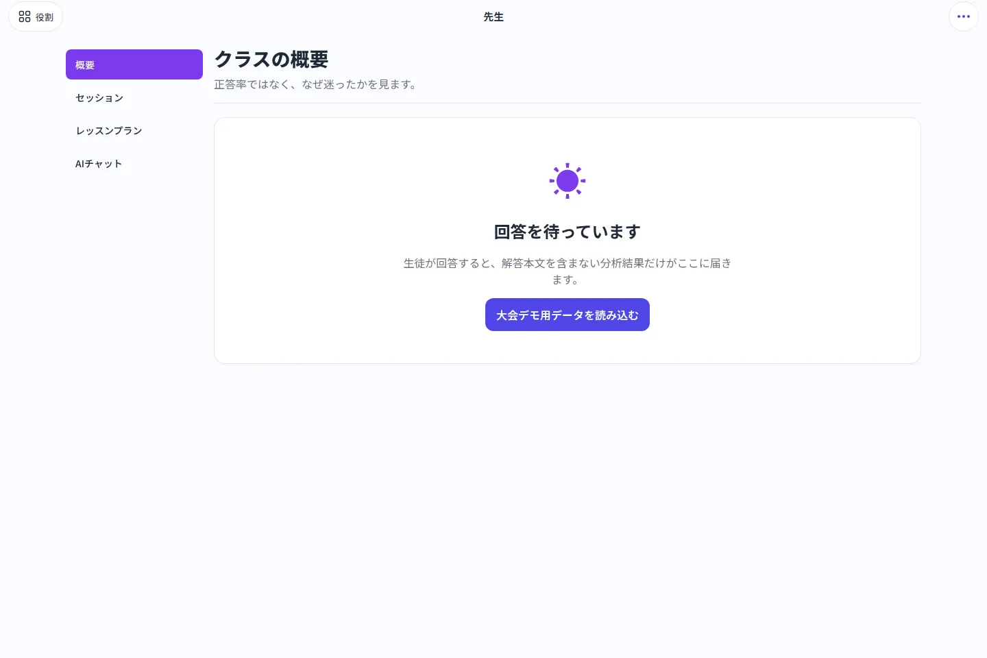 Luminの教師ダッシュボード。概要、セッション、レッスンプラン、AIチャットのナビゲーションと、回答待ちの画面